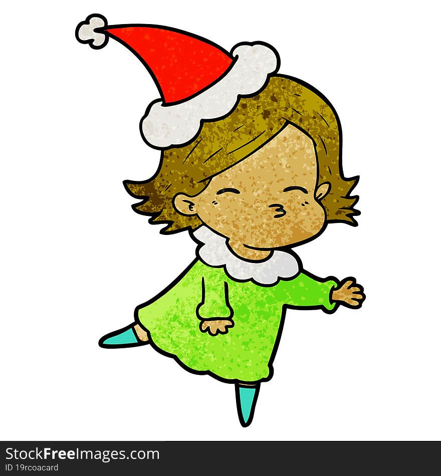 hand drawn textured cartoon of a woman wearing santa hat