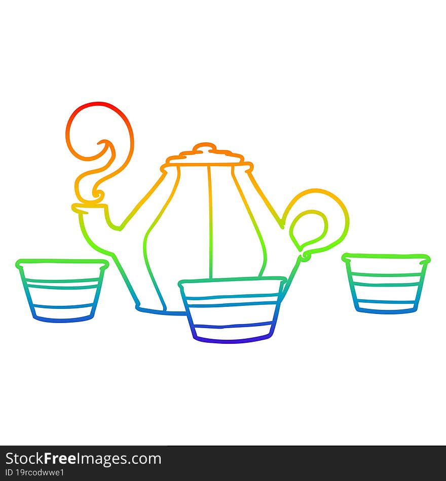 rainbow gradient line drawing cartoon teapot and cups