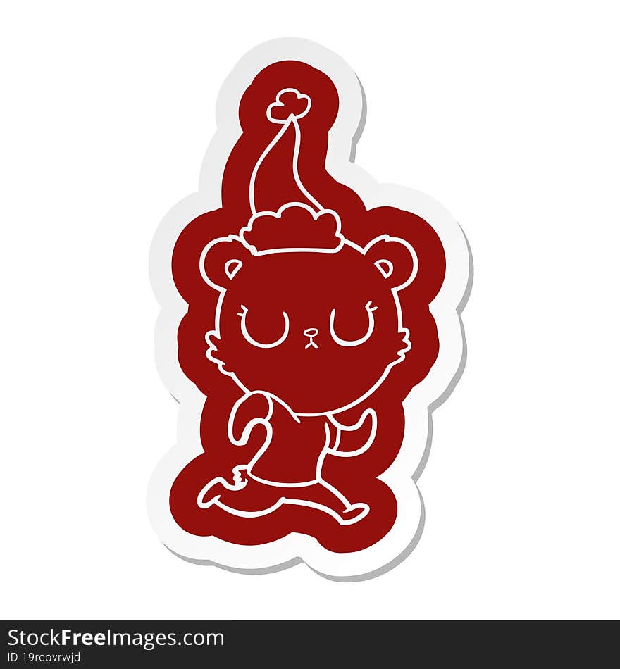 peaceful cartoon  sticker of a bear running wearing santa hat