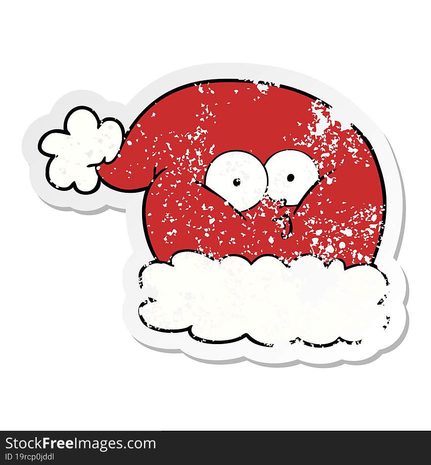 distressed sticker of a cartoon christmas santa hat