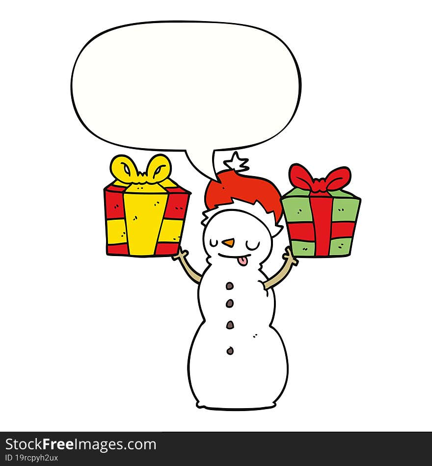 Cartoon Snowman And Present And Speech Bubble