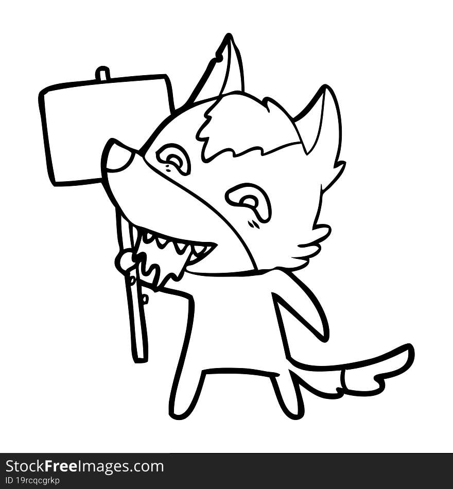 cartoon hungry wolf with sign post. cartoon hungry wolf with sign post