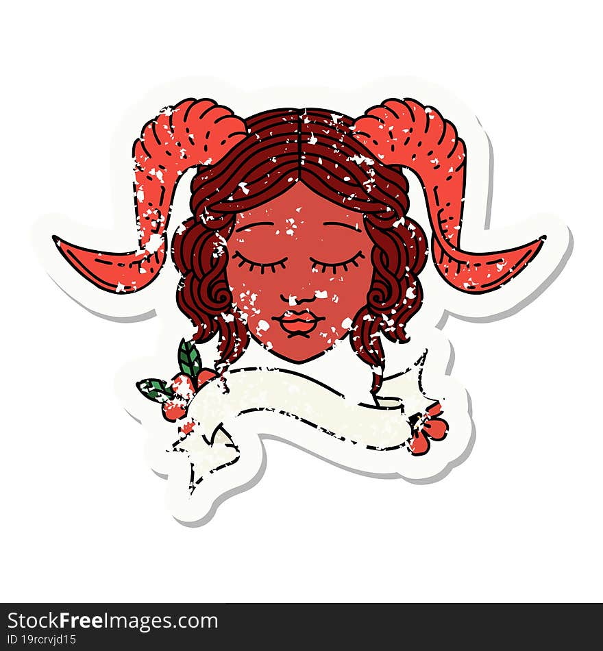 grunge sticker of a tiefling character face with scroll banner. grunge sticker of a tiefling character face with scroll banner