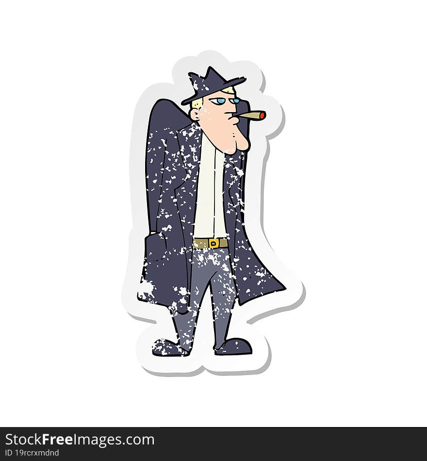 retro distressed sticker of a cartoon man in hat and trench coat