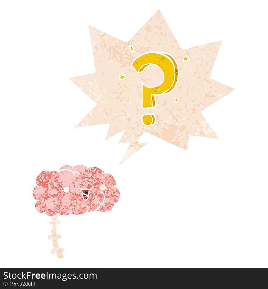 cartoon curious brain and speech bubble in retro textured style