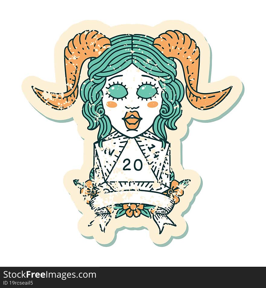 Retro Tattoo Style tiefling with natural 20 D20 roll. Retro Tattoo Style tiefling with natural 20 D20 roll