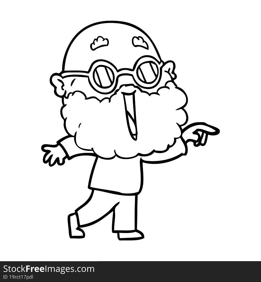 cartoon joyful man with beard pointing finger. cartoon joyful man with beard pointing finger