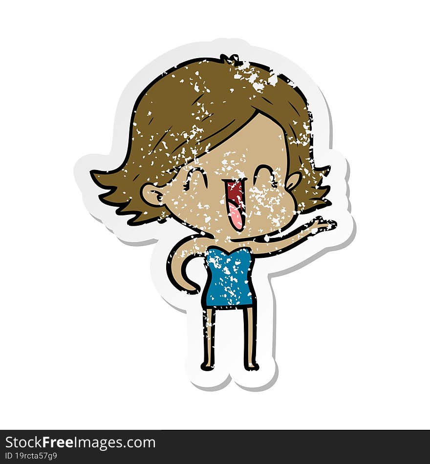 distressed sticker of a cartoon happy woman