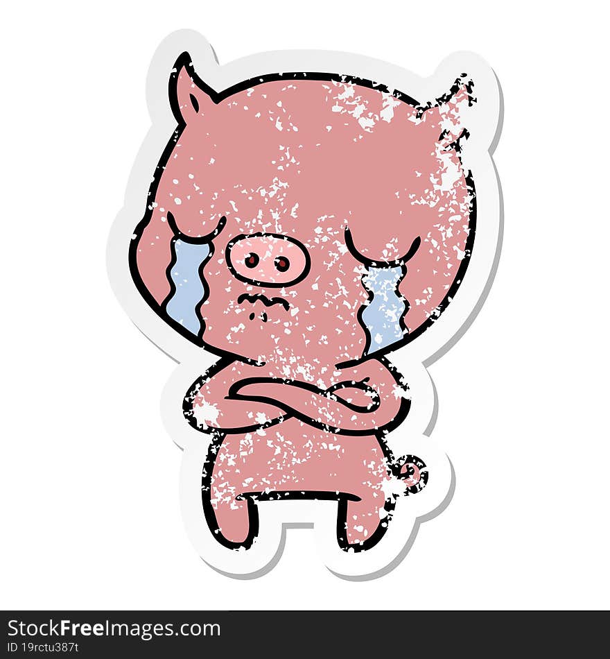 distressed sticker of a cartoon pig crying