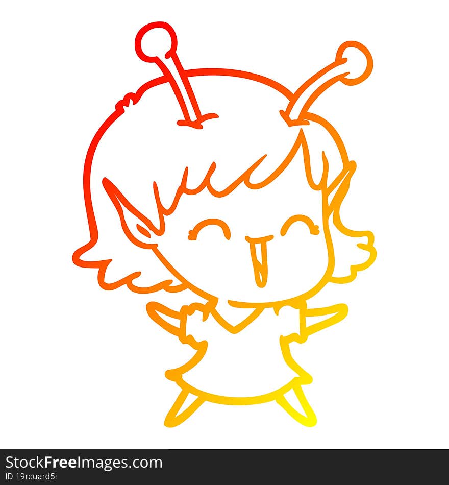 warm gradient line drawing of a cartoon alien girl laughing