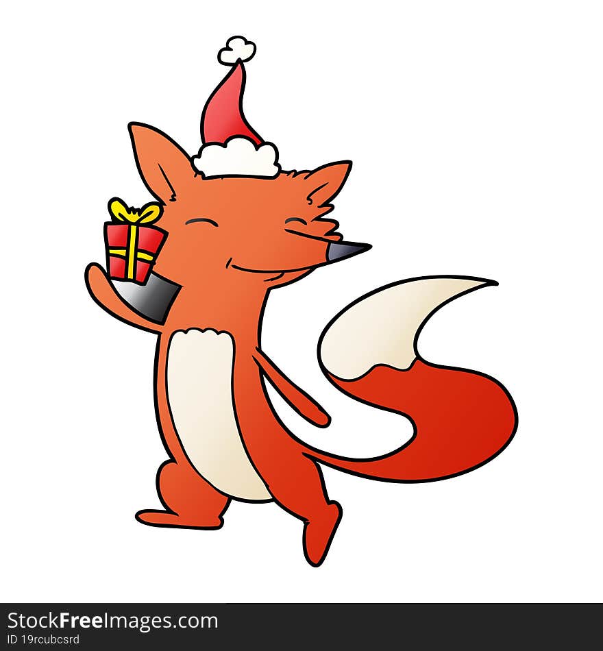 gradient cartoon of a happy fox wearing santa hat