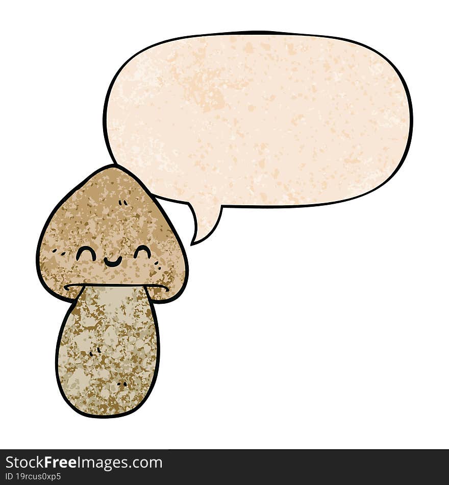 cartoon mushroom with speech bubble in retro texture style