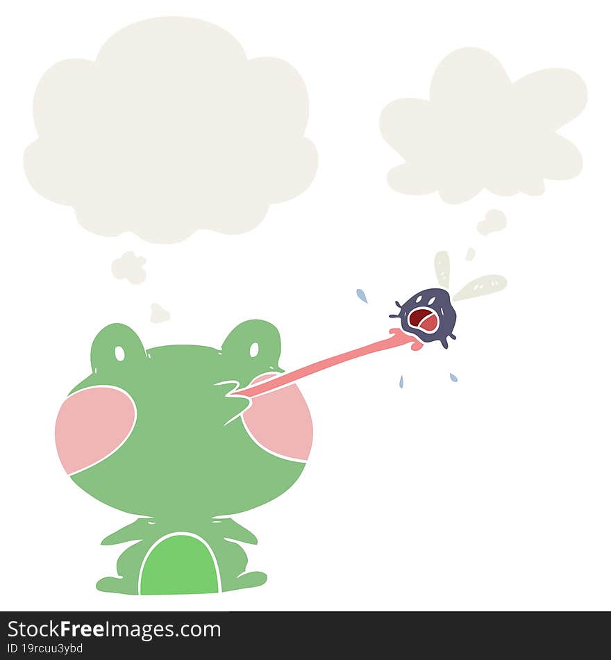 cartoon frog catching fly and thought bubble in retro style