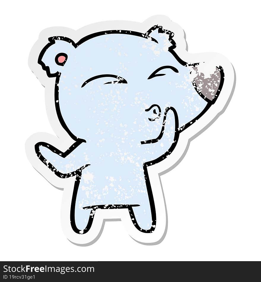 distressed sticker of a cartoon whistling bear