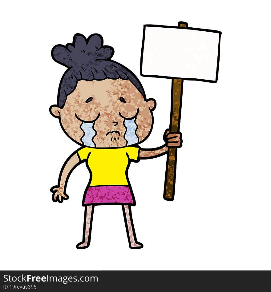 cartoon crying woman with protest sign. cartoon crying woman with protest sign