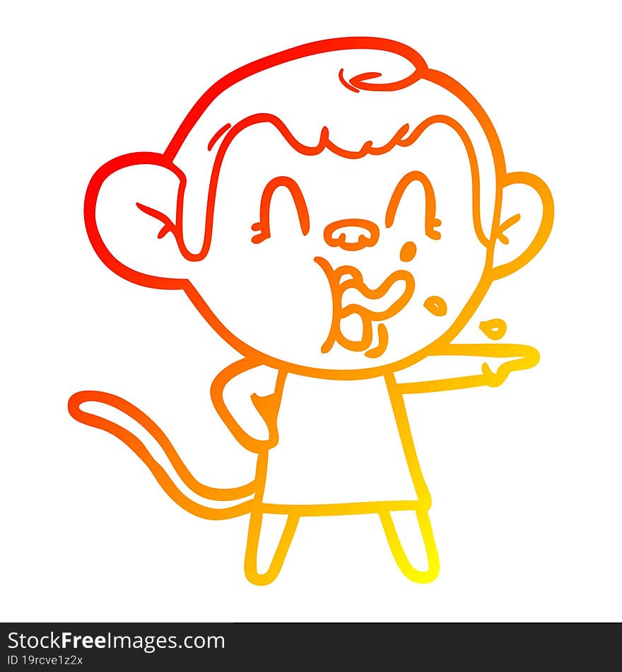 warm gradient line drawing crazy cartoon monkey in dress pointing