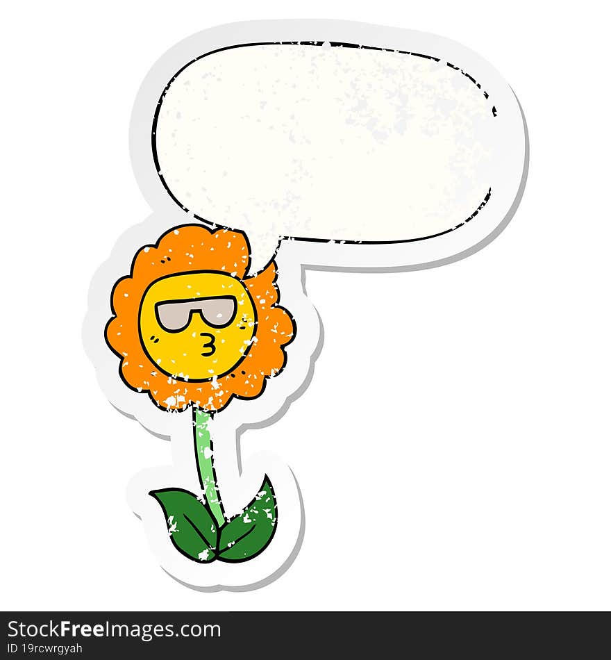 cartoon flower and speech bubble distressed sticker