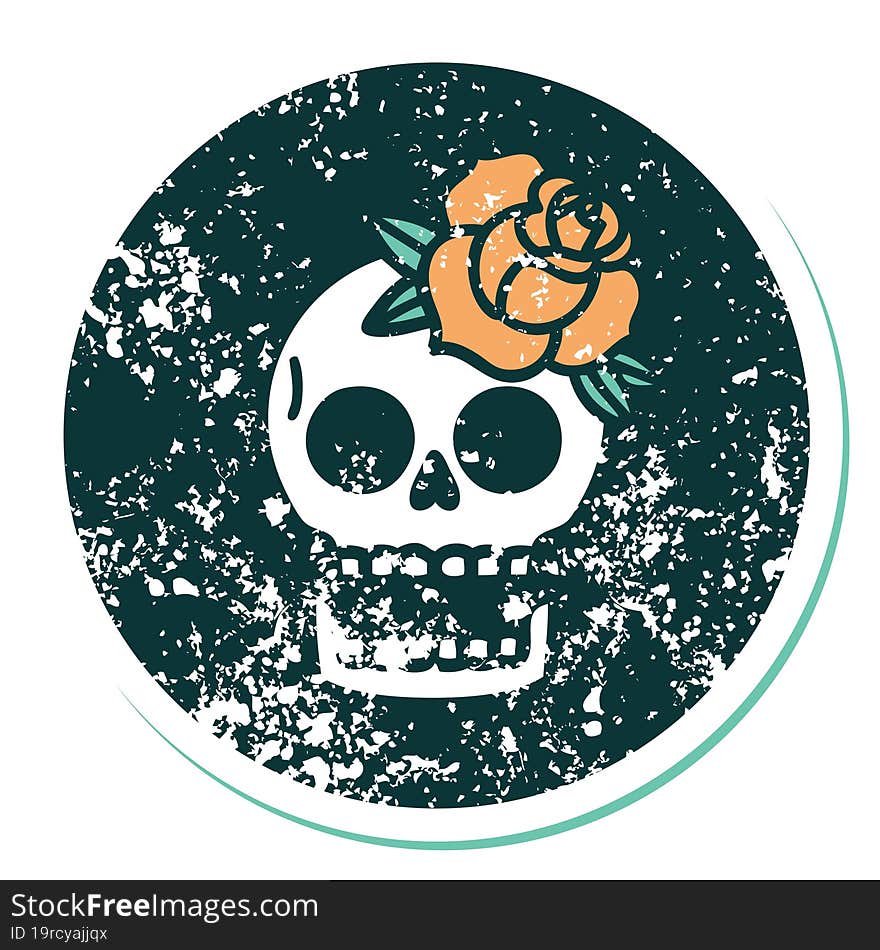 iconic distressed sticker tattoo style image of a skull and rose. iconic distressed sticker tattoo style image of a skull and rose