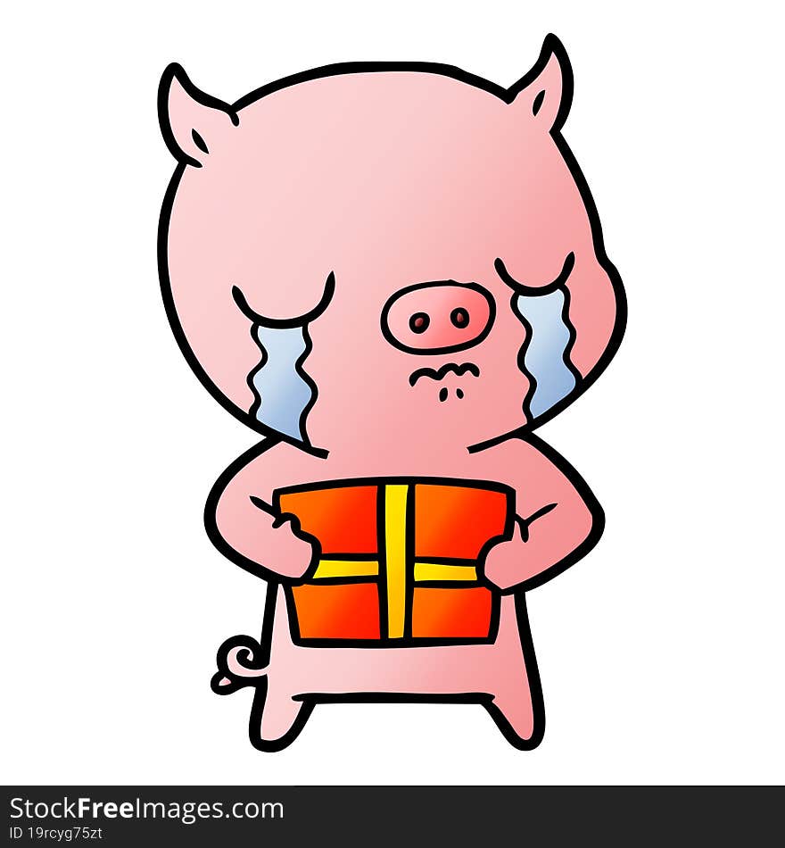 cartoon pig crying over christmas present. cartoon pig crying over christmas present