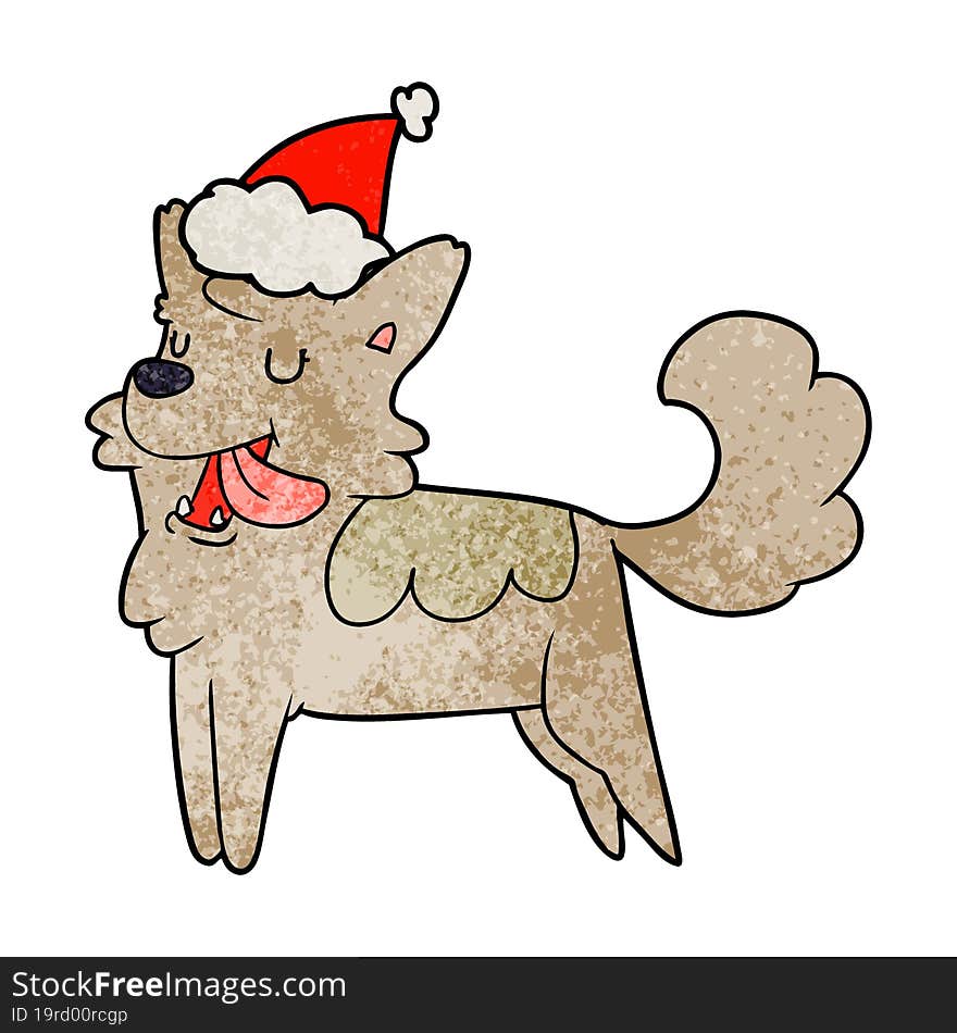 hand drawn textured cartoon of a happy dog wearing santa hat