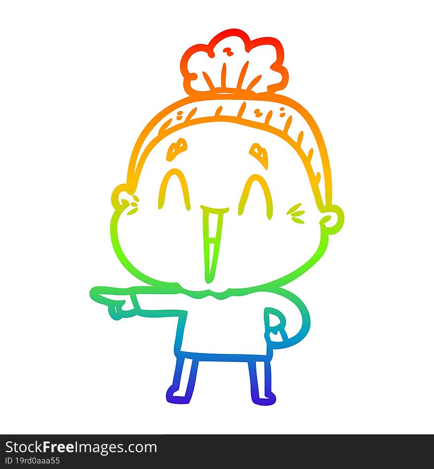 rainbow gradient line drawing of a cartoon happy old lady