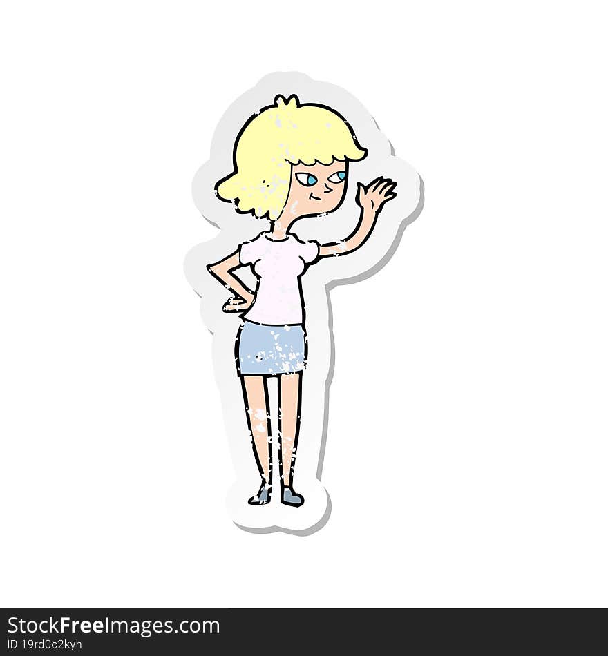 Retro Distressed Sticker Of A Cartoon Friendly Girl Waving