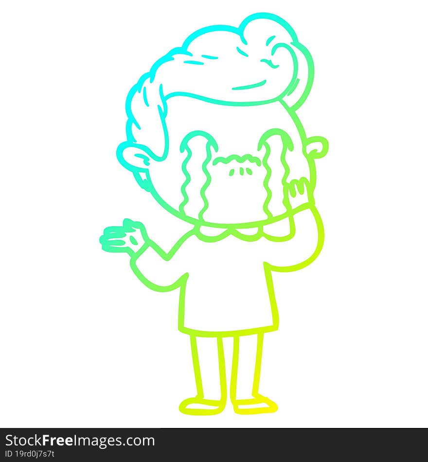 cold gradient line drawing cartoon man crying