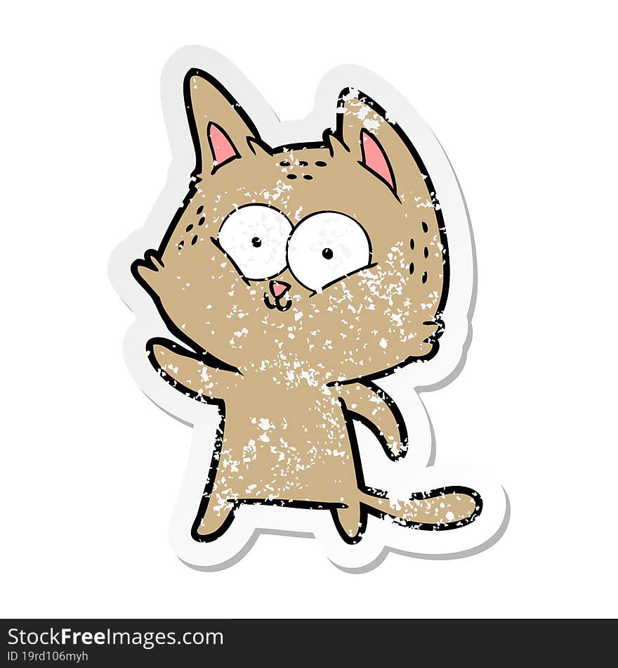 distressed sticker of a cartoon cat waving