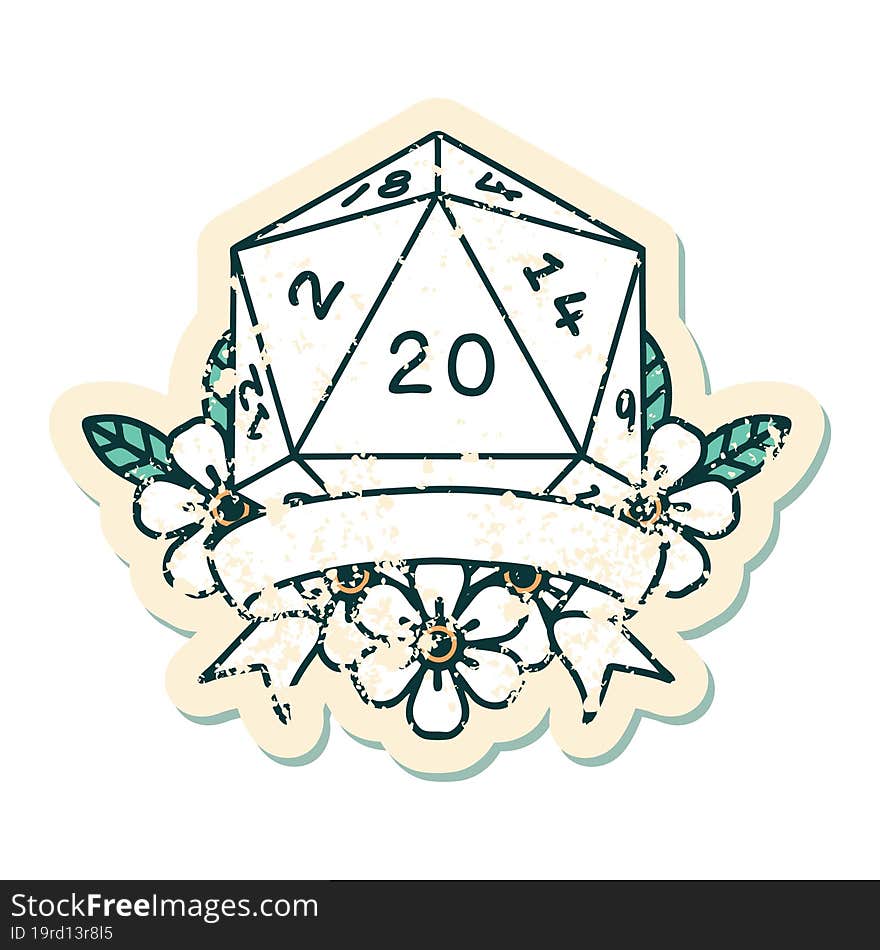 Retro Tattoo Style natural 20 critical hit D20 dice roll. Retro Tattoo Style natural 20 critical hit D20 dice roll