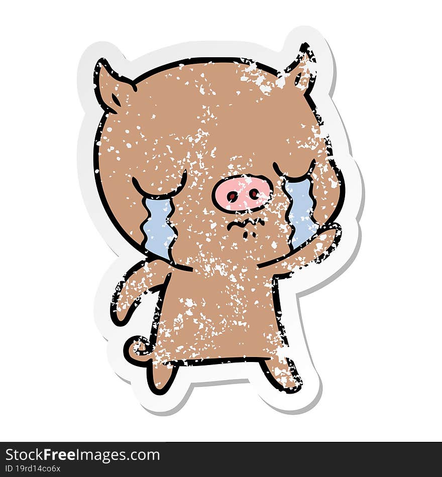 distressed sticker of a cartoon pig crying waving goodbye