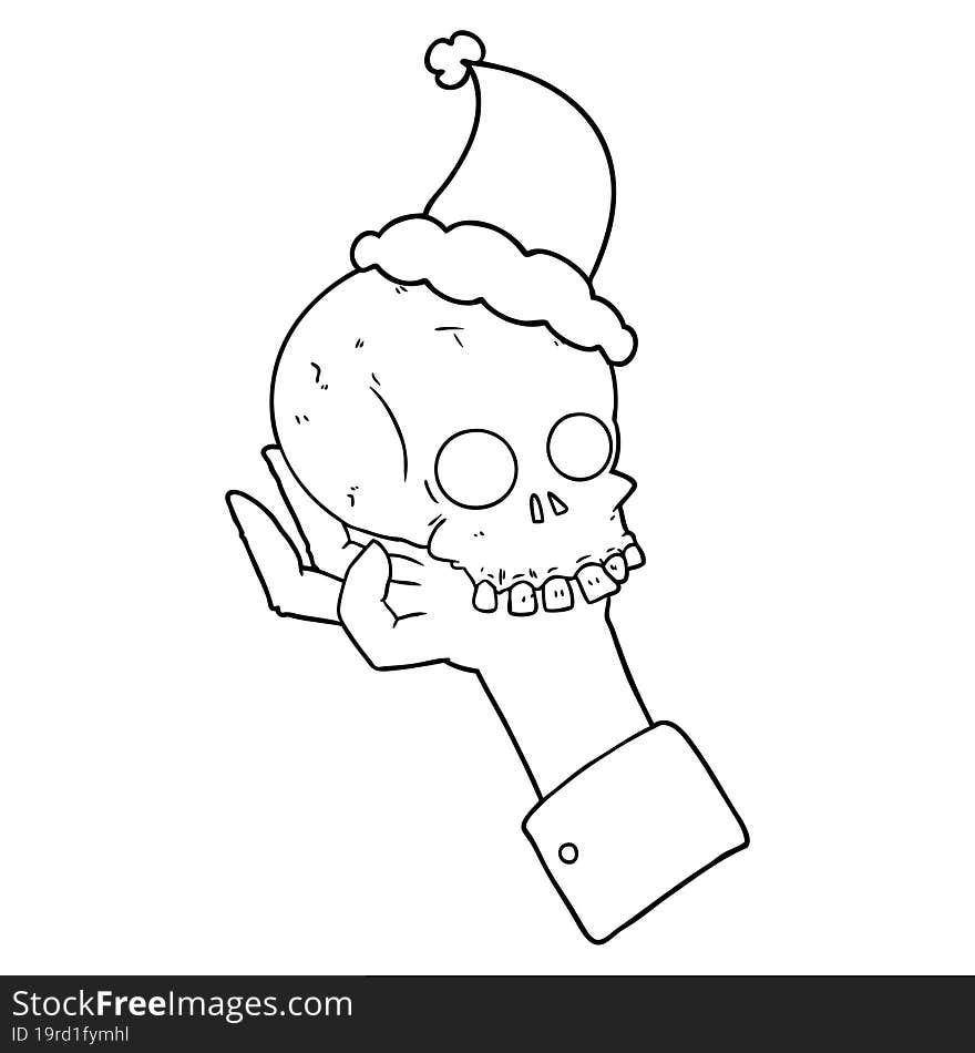 Line Drawing Of A Hand Holding Skull Wearing Santa Hat