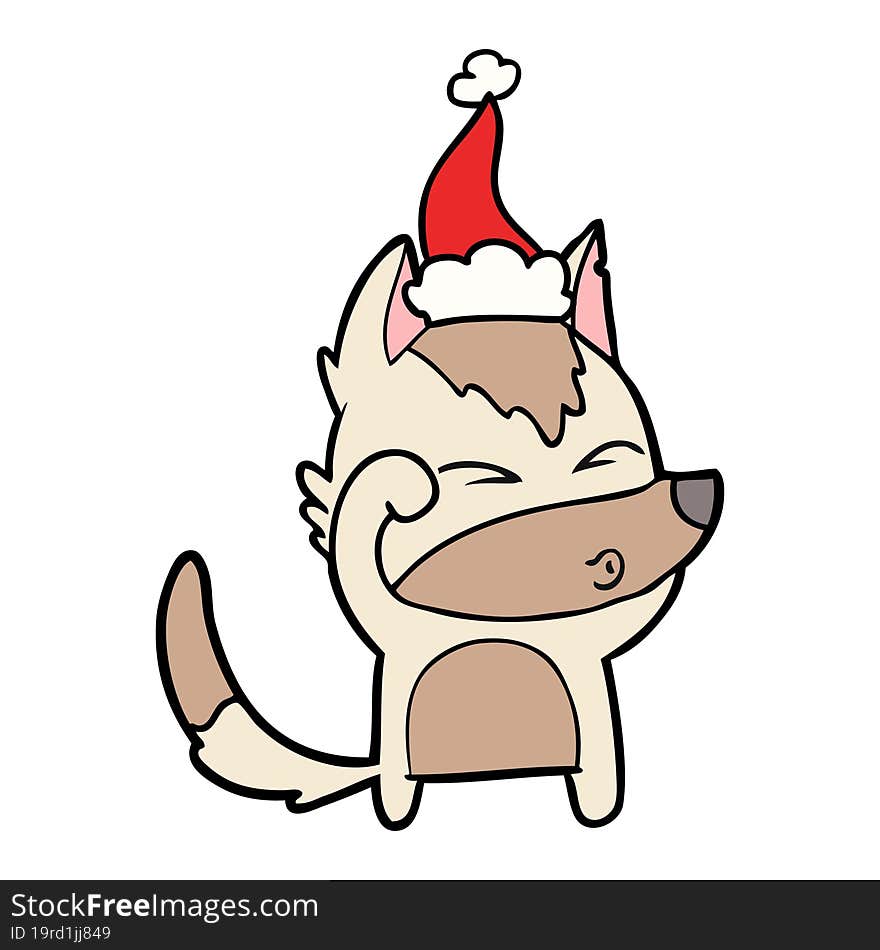 line drawing of a wolf pouting wearing santa hat