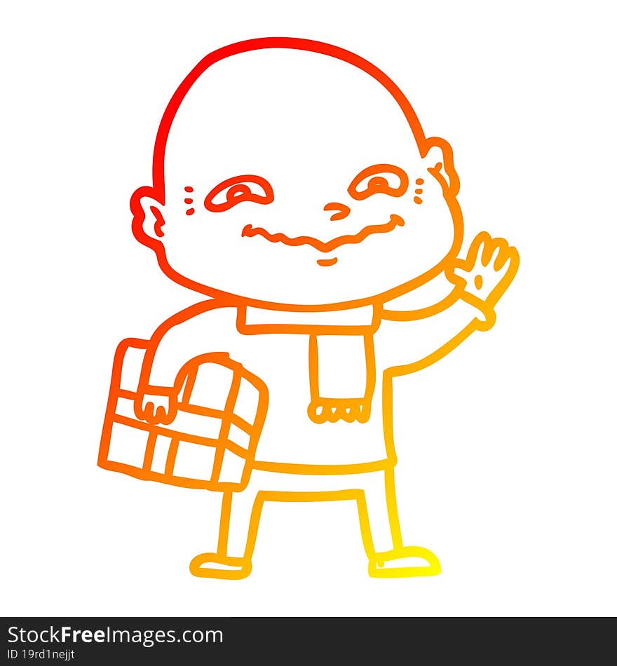 warm gradient line drawing cartoon nervous man with xmas present