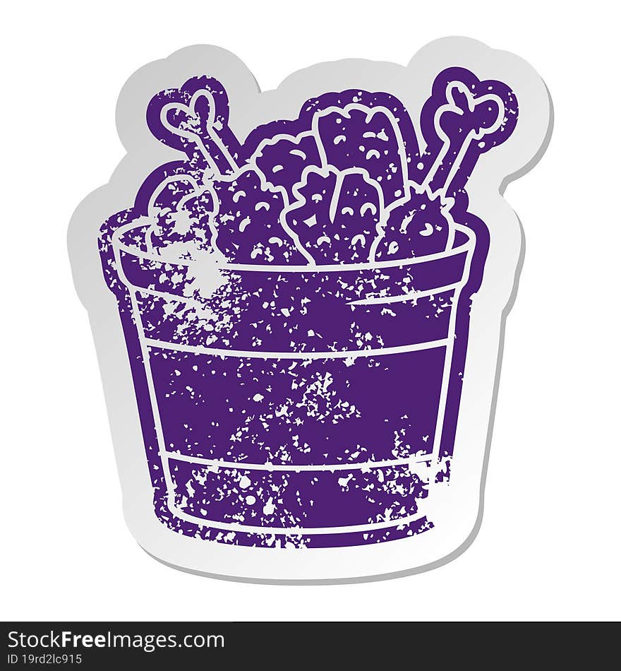 distressed old cartoon sticker bucket of fried chicken