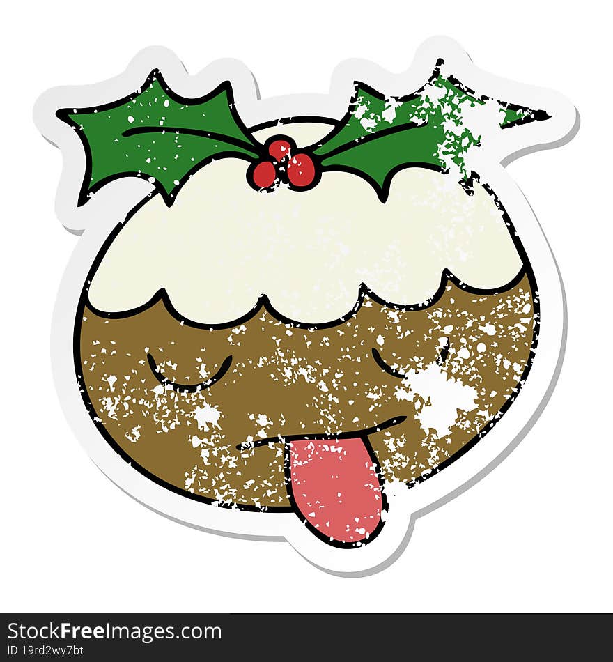 distressed sticker of a quirky hand drawn cartoon christmas pudding