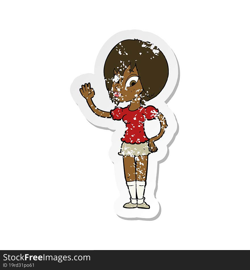 retro distressed sticker of a cartoon pretty woman waving