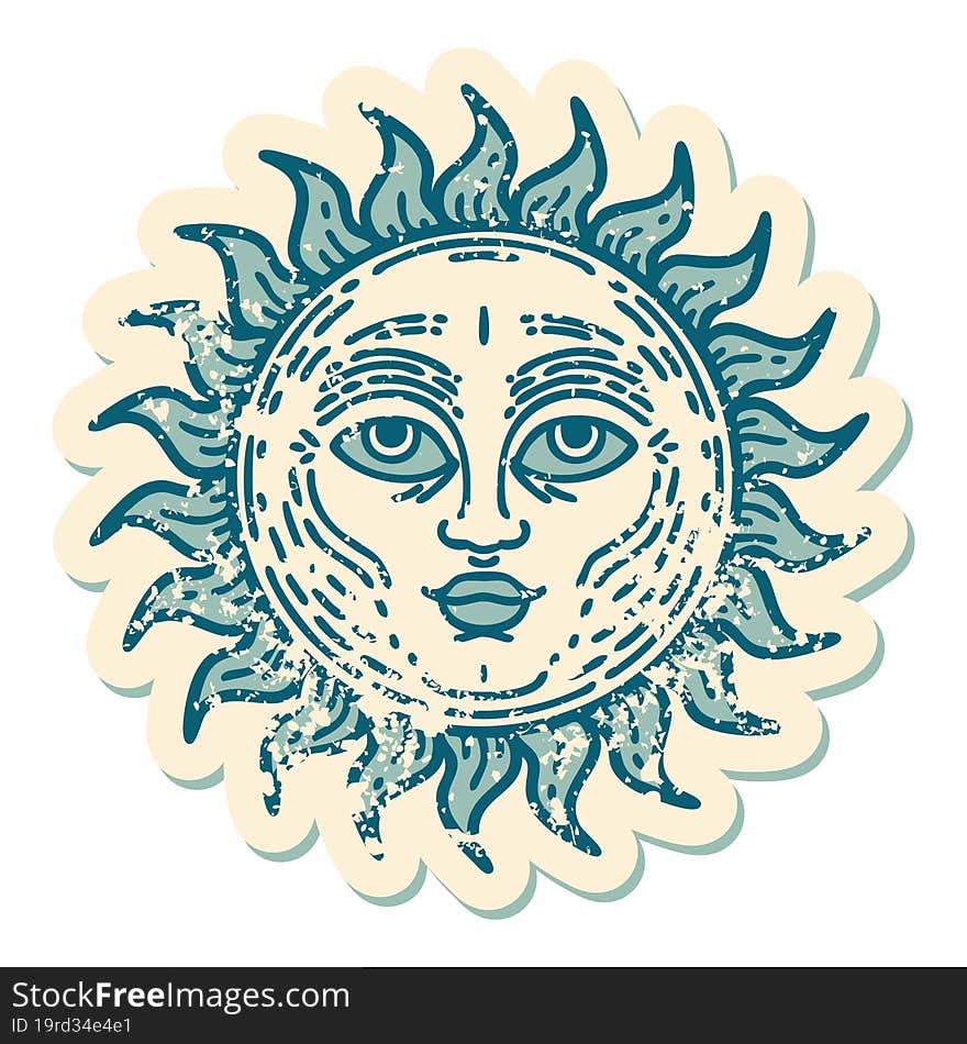 iconic distressed sticker tattoo style image of a sun with face. iconic distressed sticker tattoo style image of a sun with face