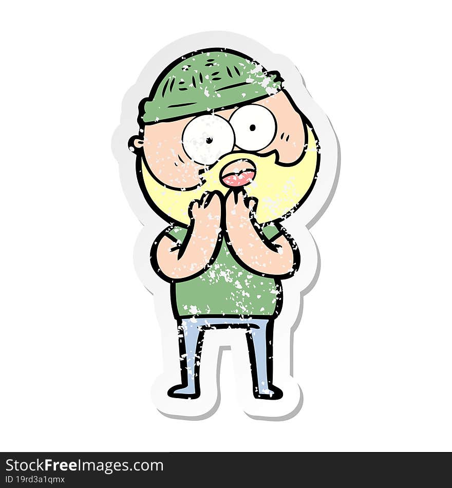 Distressed Sticker Of A Cartoon Surprised Bearded Man