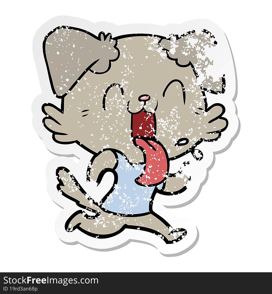 distressed sticker of a cartoon panting dog running