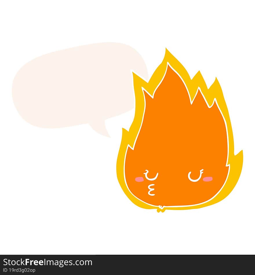 Cute Cartoon Fire And Speech Bubble In Retro Style