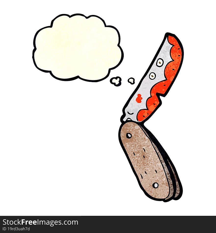 cartoon bloody folding knife with thought bubble