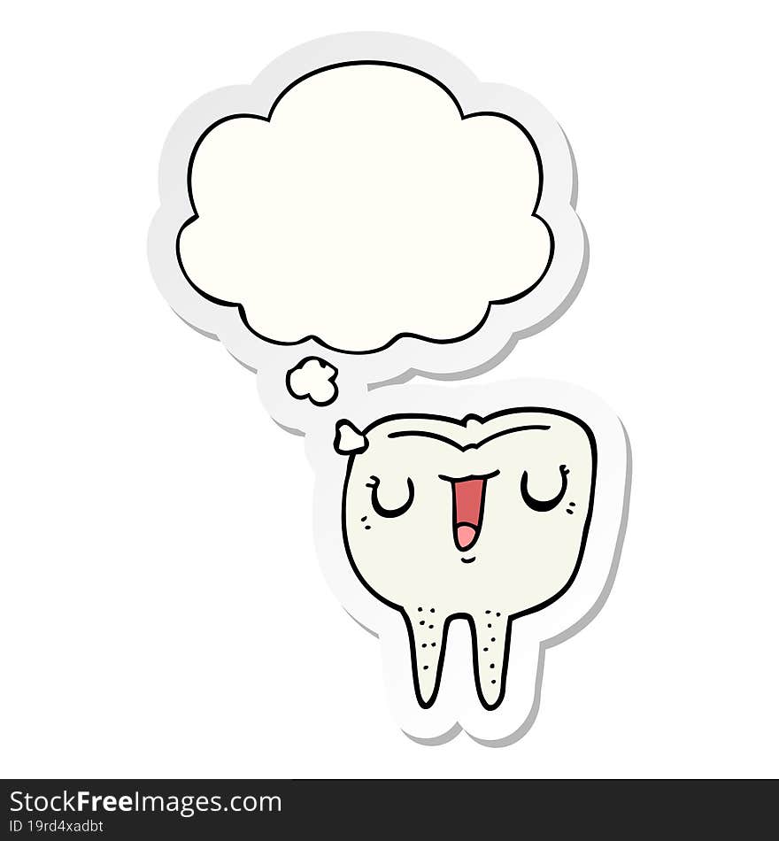 cartoon happy tooth and thought bubble as a printed sticker