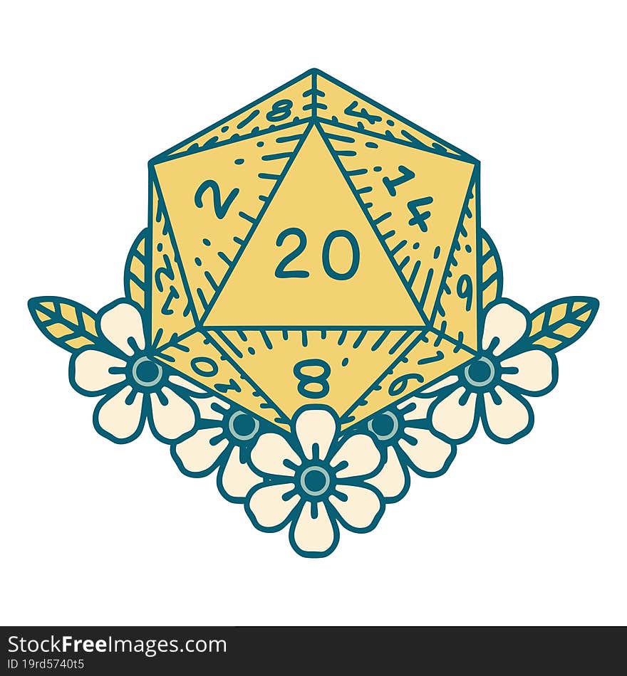 natural 20 D20 dice roll with floral elements illustration