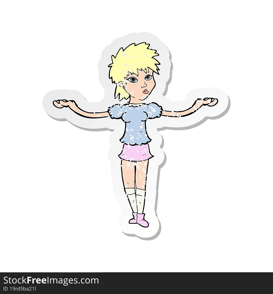 retro distressed sticker of a cartoon woman shrugging shoulders