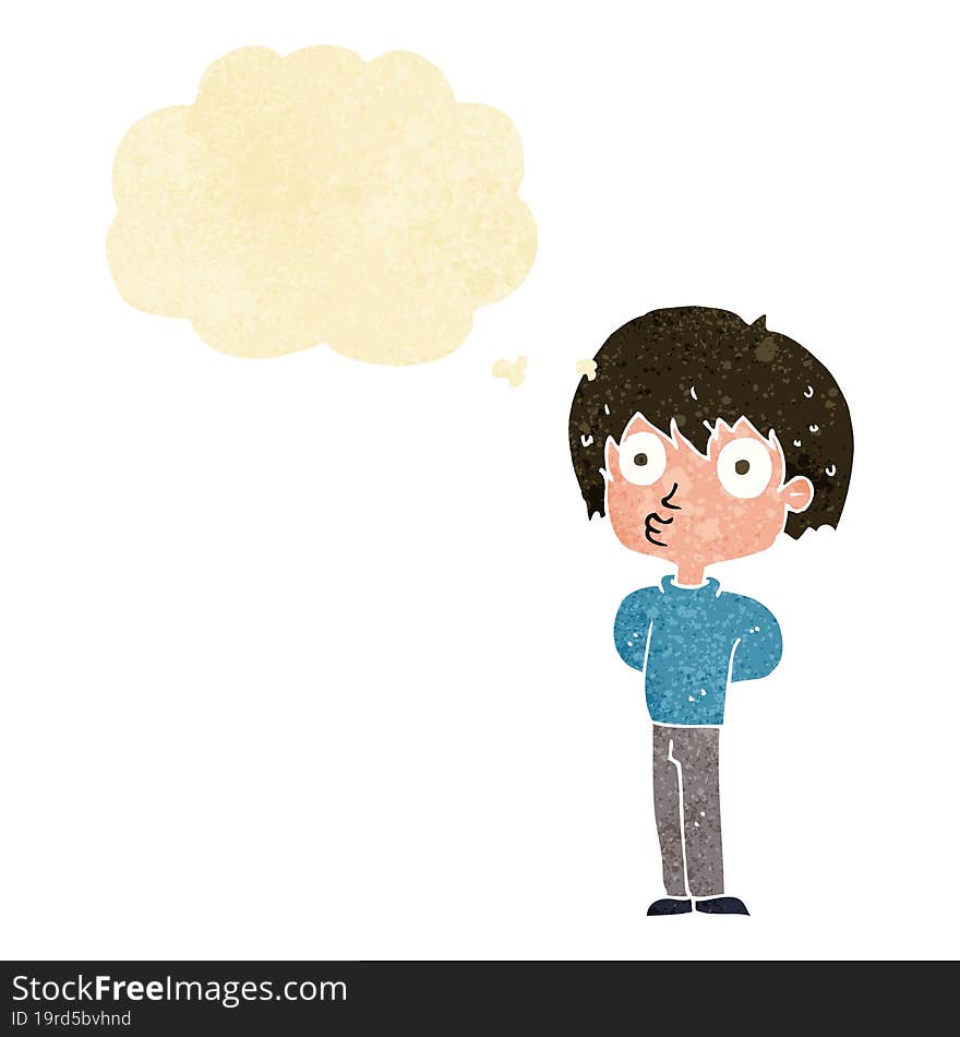 cartoon impressed boy with thought bubble