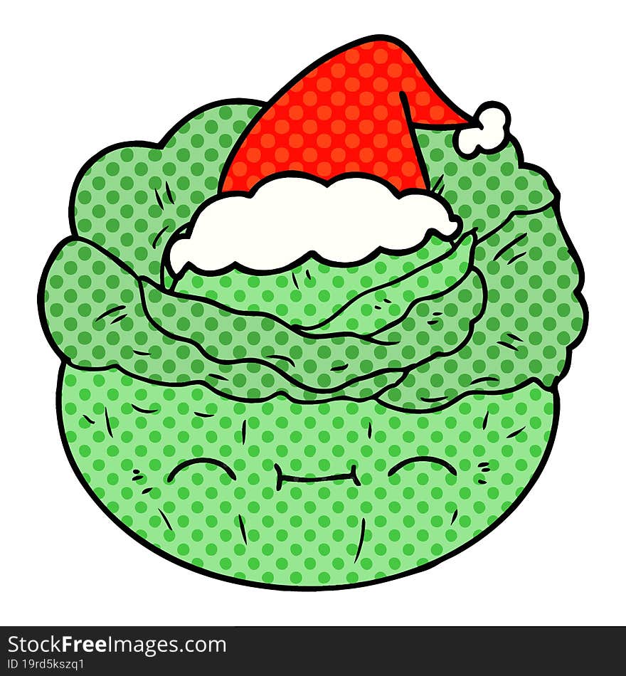 hand drawn comic book style illustration of a cabbage wearing santa hat