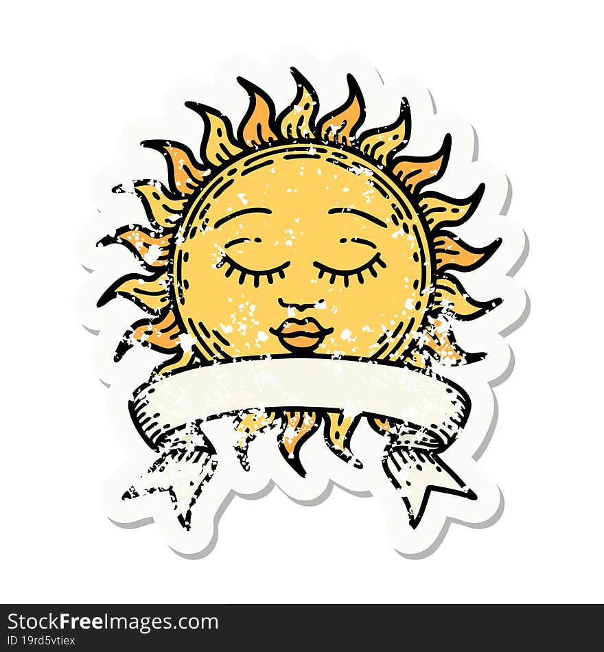 grunge sticker with banner of a sun