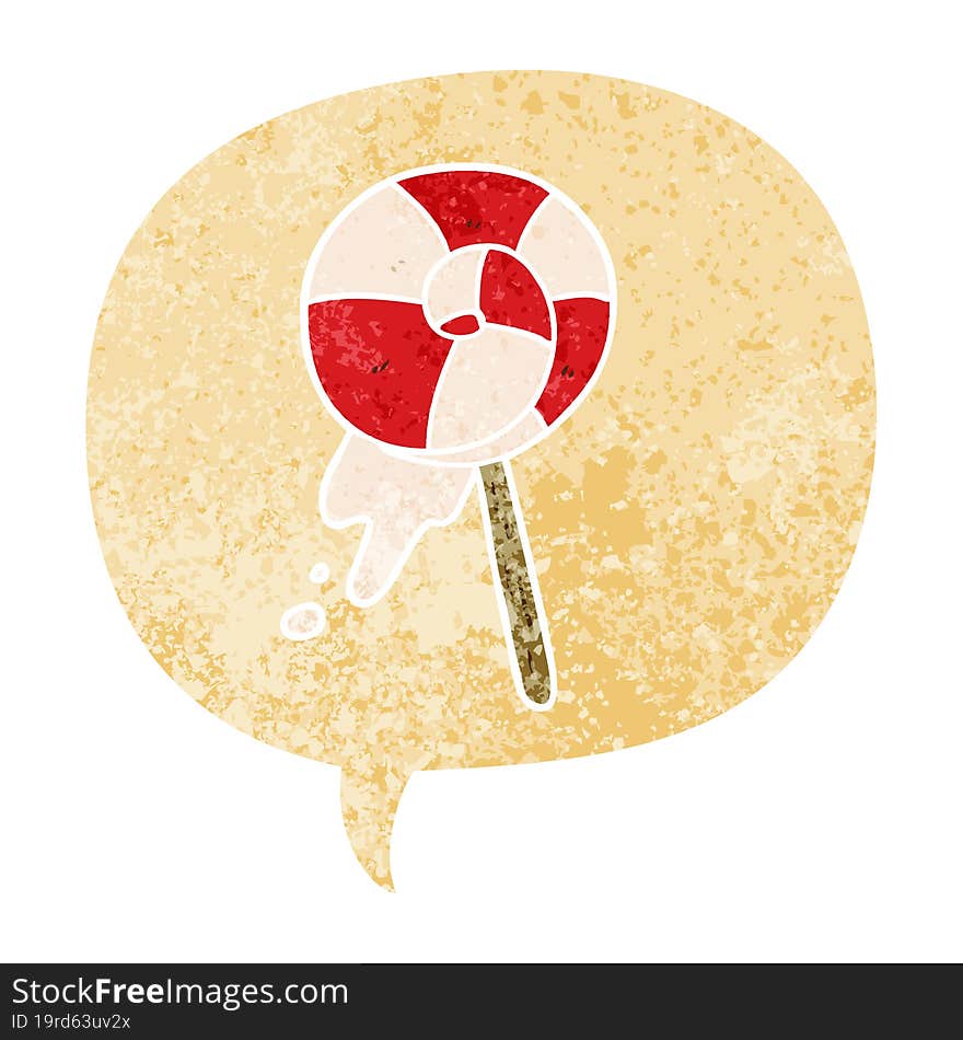 cartoon lollipop and speech bubble in retro textured style