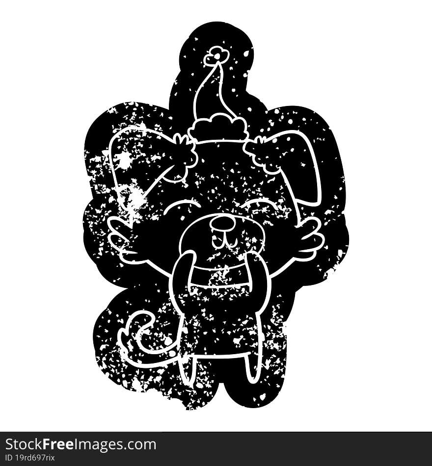 Cartoon Distressed Icon Of A Dog Wearing Santa Hat