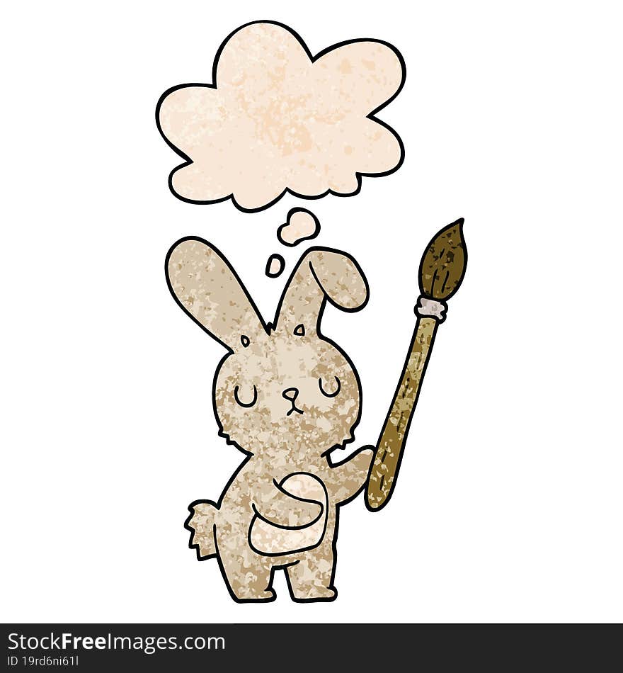 cartoon rabbit with paint brush and thought bubble in grunge texture pattern style